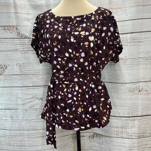Ann Taylor Burgundy Print Top with Waist Tie XS